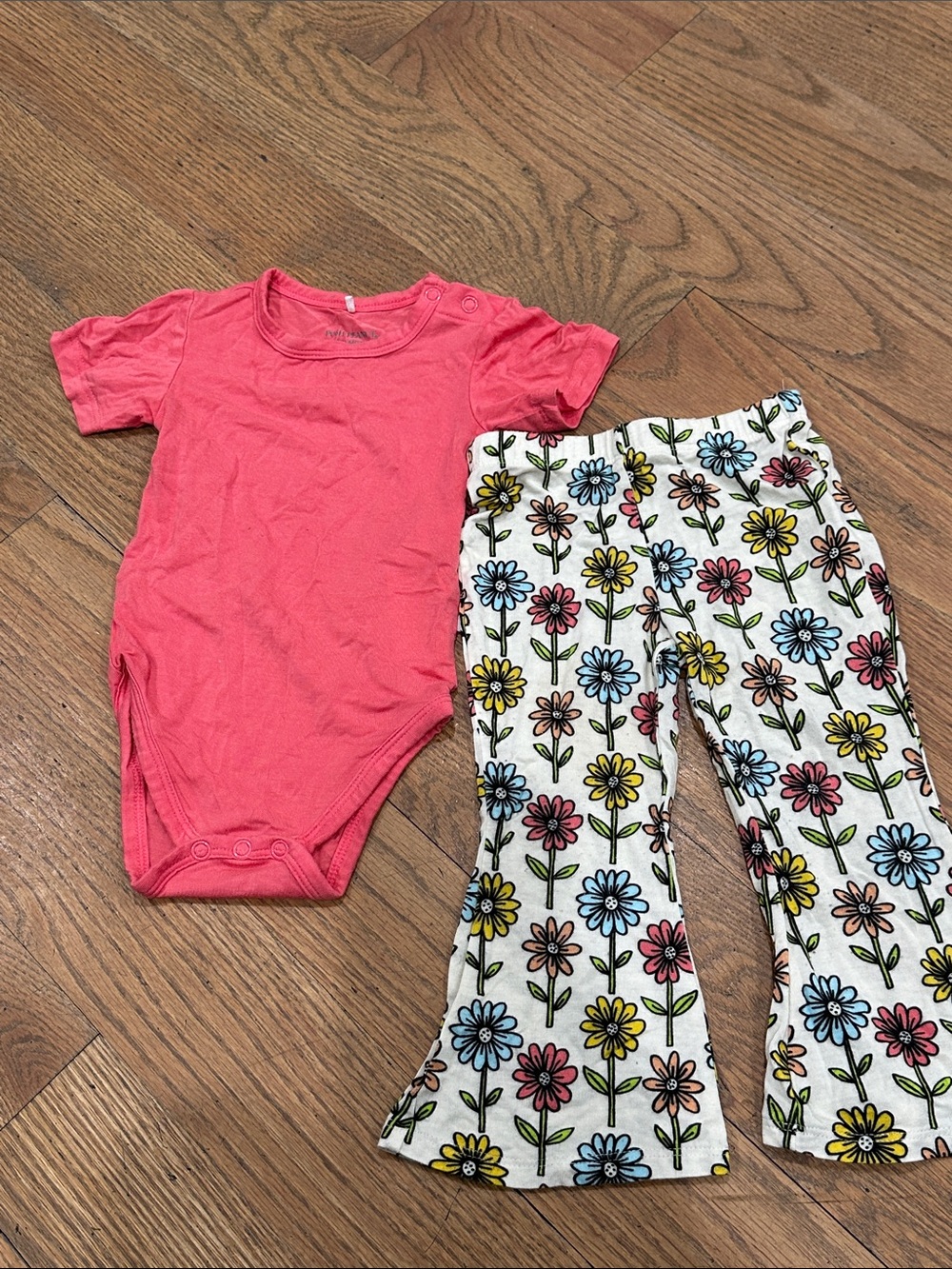 Posh Peanut Coral Pink Onesie with Floral Bell Bottom Pants